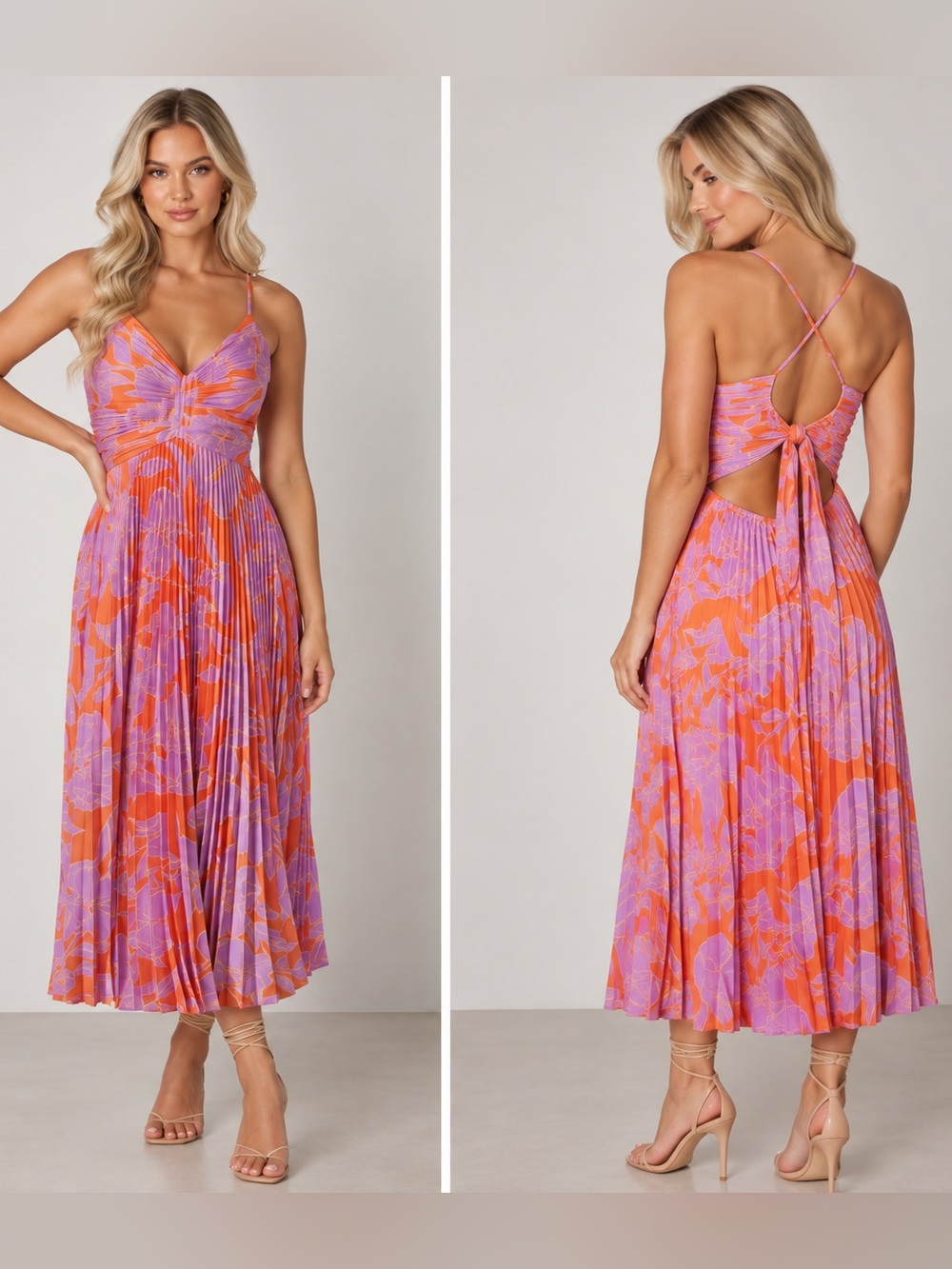 ASTR the Label Women’s Medium Blythe Pink Orange Floral Midi Pleated Dress